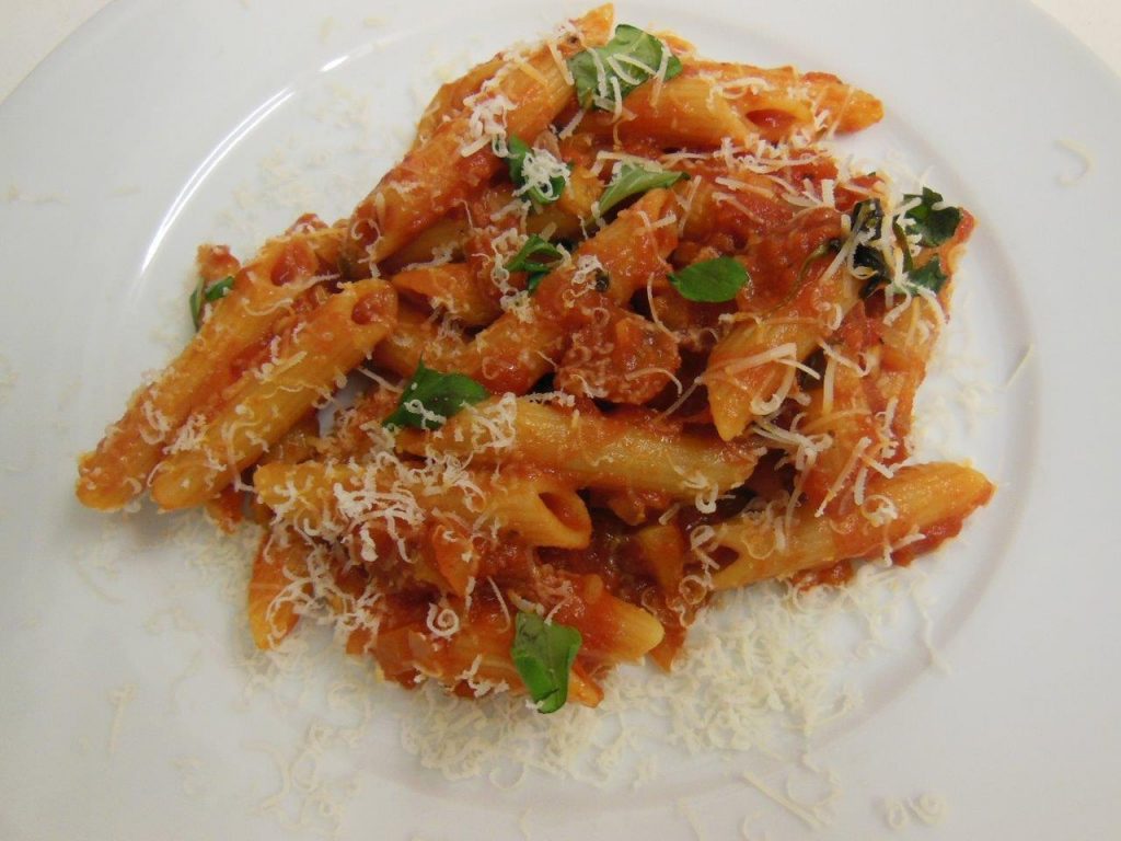 penne pasta, tomato sauce, parmesan, basil